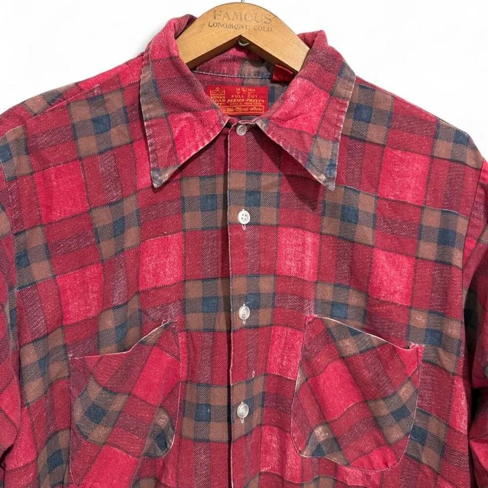 Sears Kings Road Vintage Plaid Shirt Size 16-16.5 Red Brown Long Sleeve